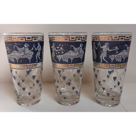 Set of 3 Cera Greek Etruscan Highball Glasses MCM 1960s Barware Vintage Cocktail - Picture 1 of 7